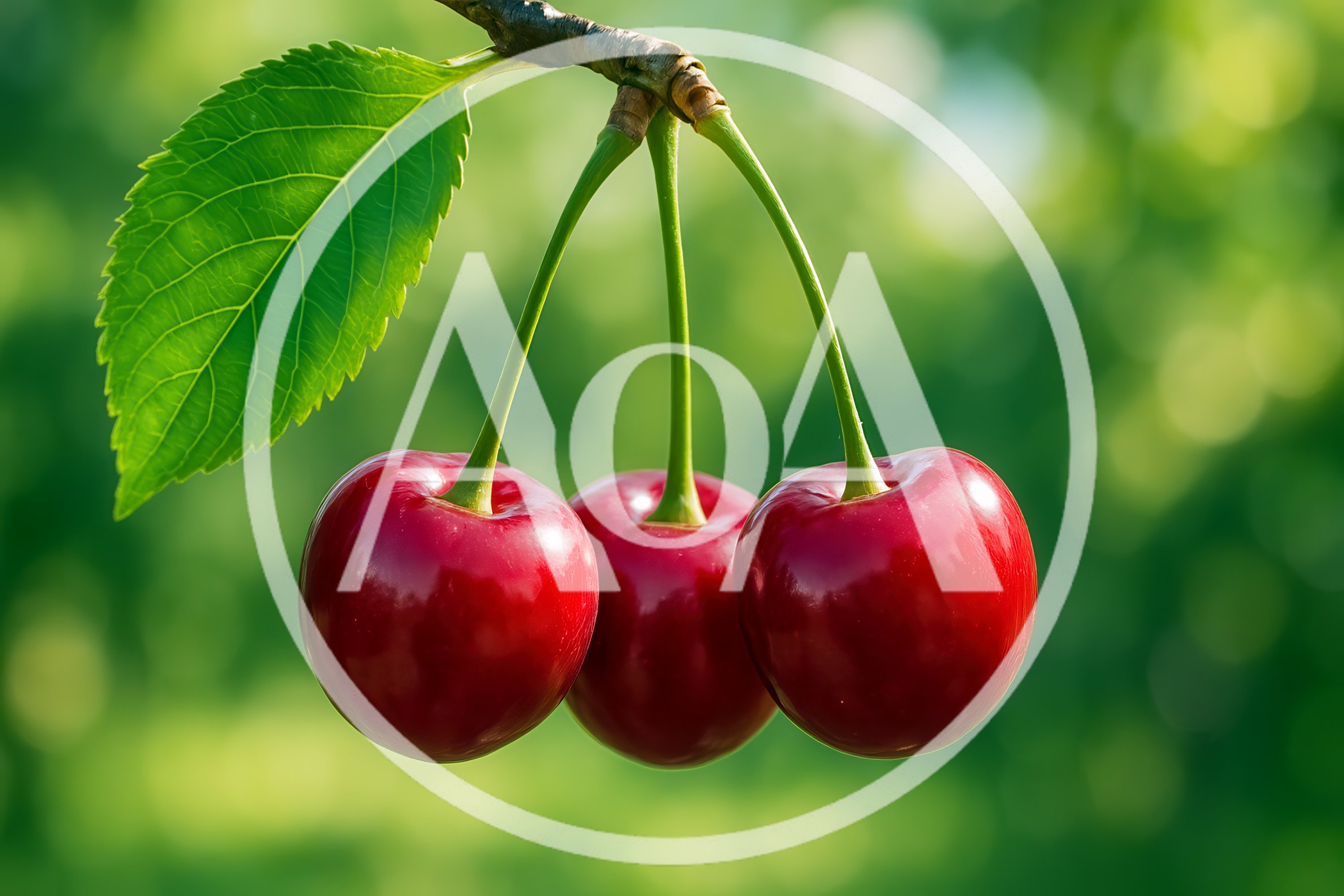 Three Fresh Red Cherries Hanging From A Branch
