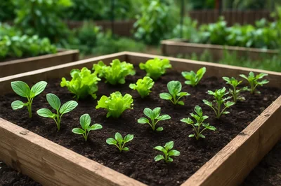 Young Vegetable Seedlings Growing In A Wooden Garden Bed