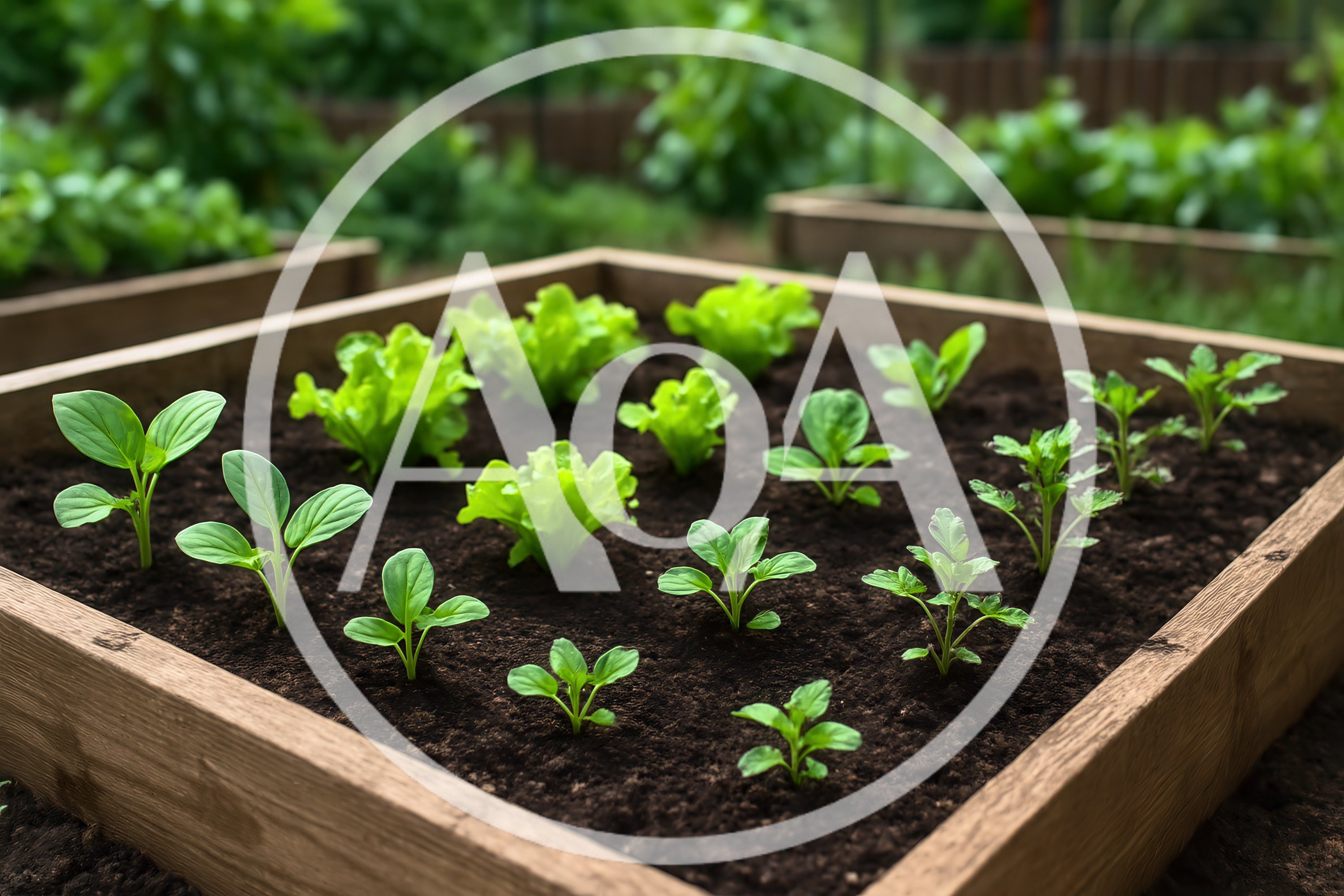 Young Vegetable Seedlings Growing In A Wooden Garden Bed