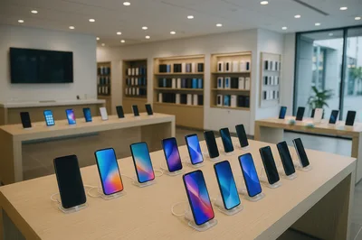 Modern Electronics Store Display With Rows Of Smartphones