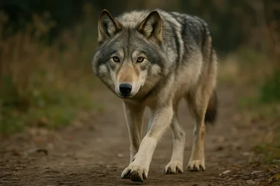 Gray Wolf Walking Along A Forest Path