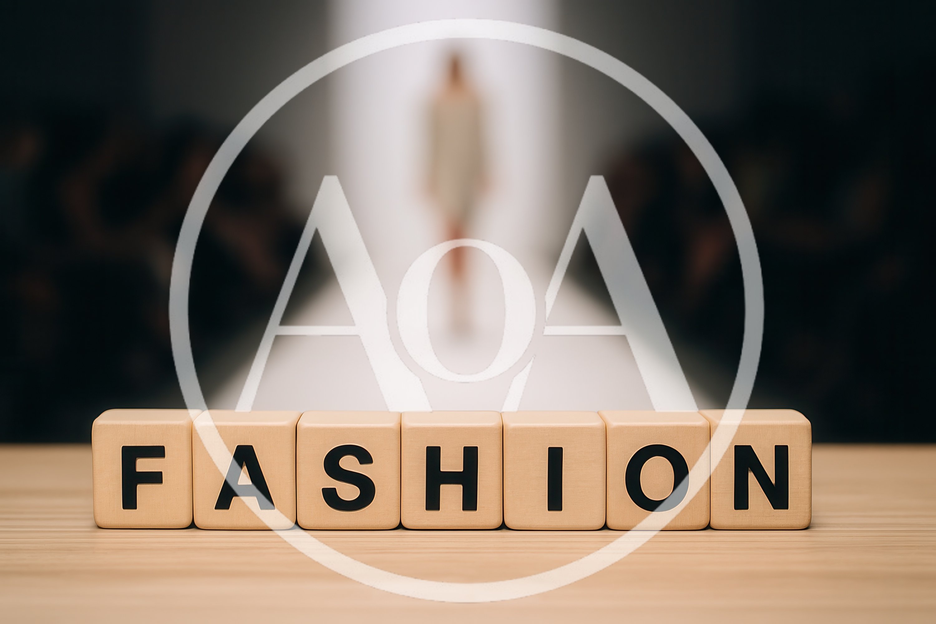 Wooden Blocks Spelling Fashion on a Runway Background