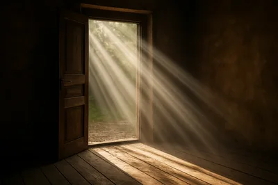 Open Wooden Door With Sunlight Streaming Into Dark Room