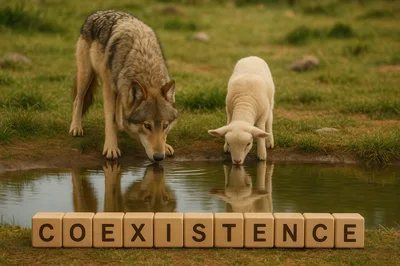 Wolf and Lamb Drinking Together from a Pond