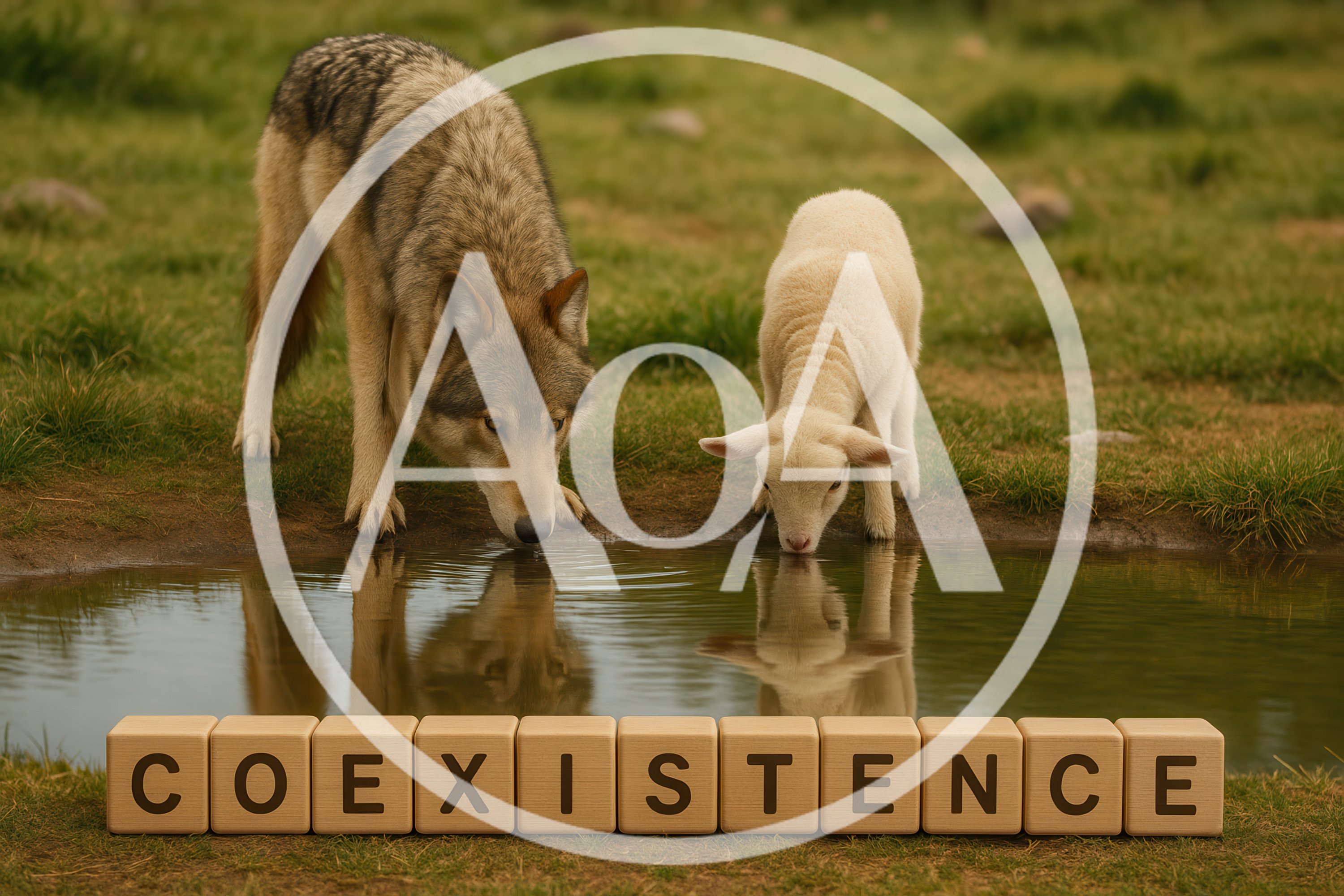 Wolf and Lamb Drinking Together from a Pond