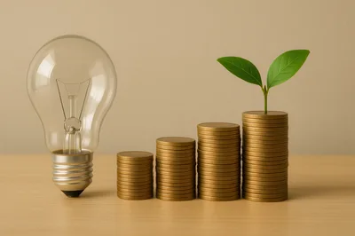 Light Bulb And Growing Coin Stacks On Wooden Table