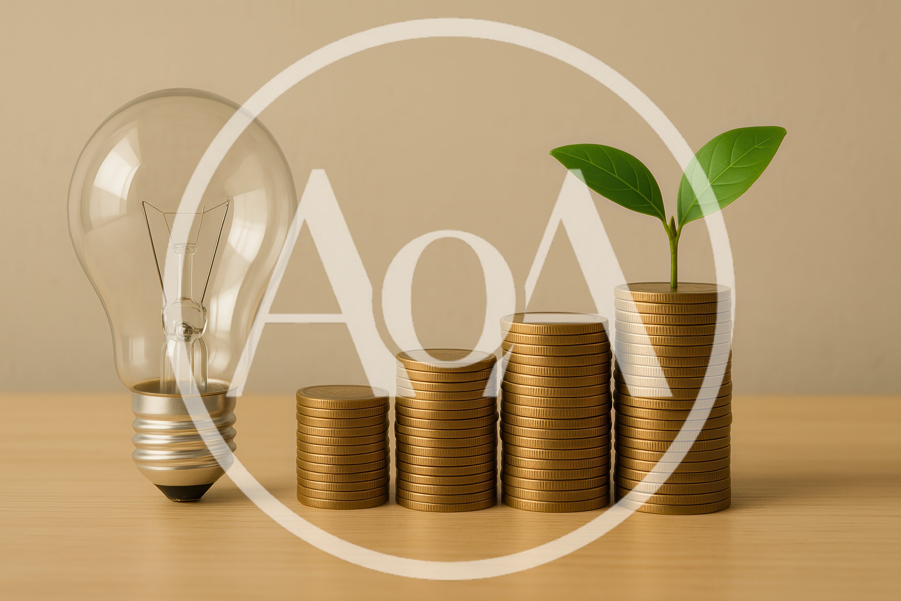 Light Bulb And Growing Coin Stacks On Wooden Table