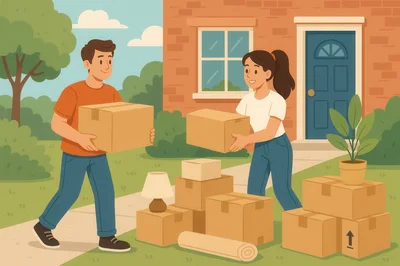 Young Couple Moving Into New Home With Cardboard Boxes