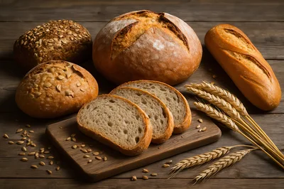 Assorted Freshly Baked Artisan Breads On Wooden Table