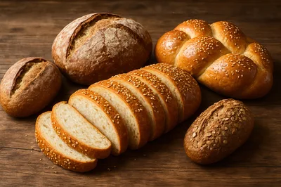 Assorted Freshly Baked Artisan Breads On Wooden Table