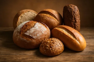 Assorted Freshly Baked Artisan Breads On Wooden Table