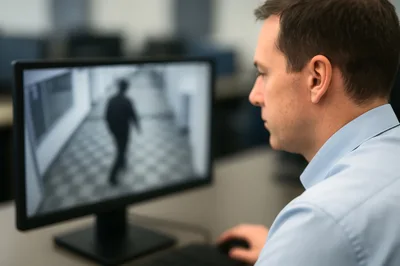 Security Guard Monitoring Surveillance Footage In Office