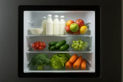 Open Refrigerator Filled With Fresh Produce And Dairy
