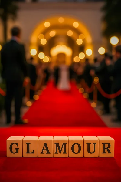 Glamour Word Spelled With Wooden Blocks On Red Carpet