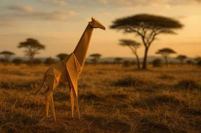 Origami Giraffe Standing In African Savanna At Sunset