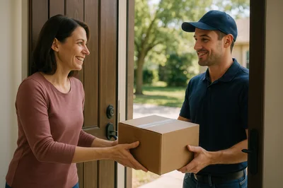 Delivery Driver Handing Package To A Smiling Woman
