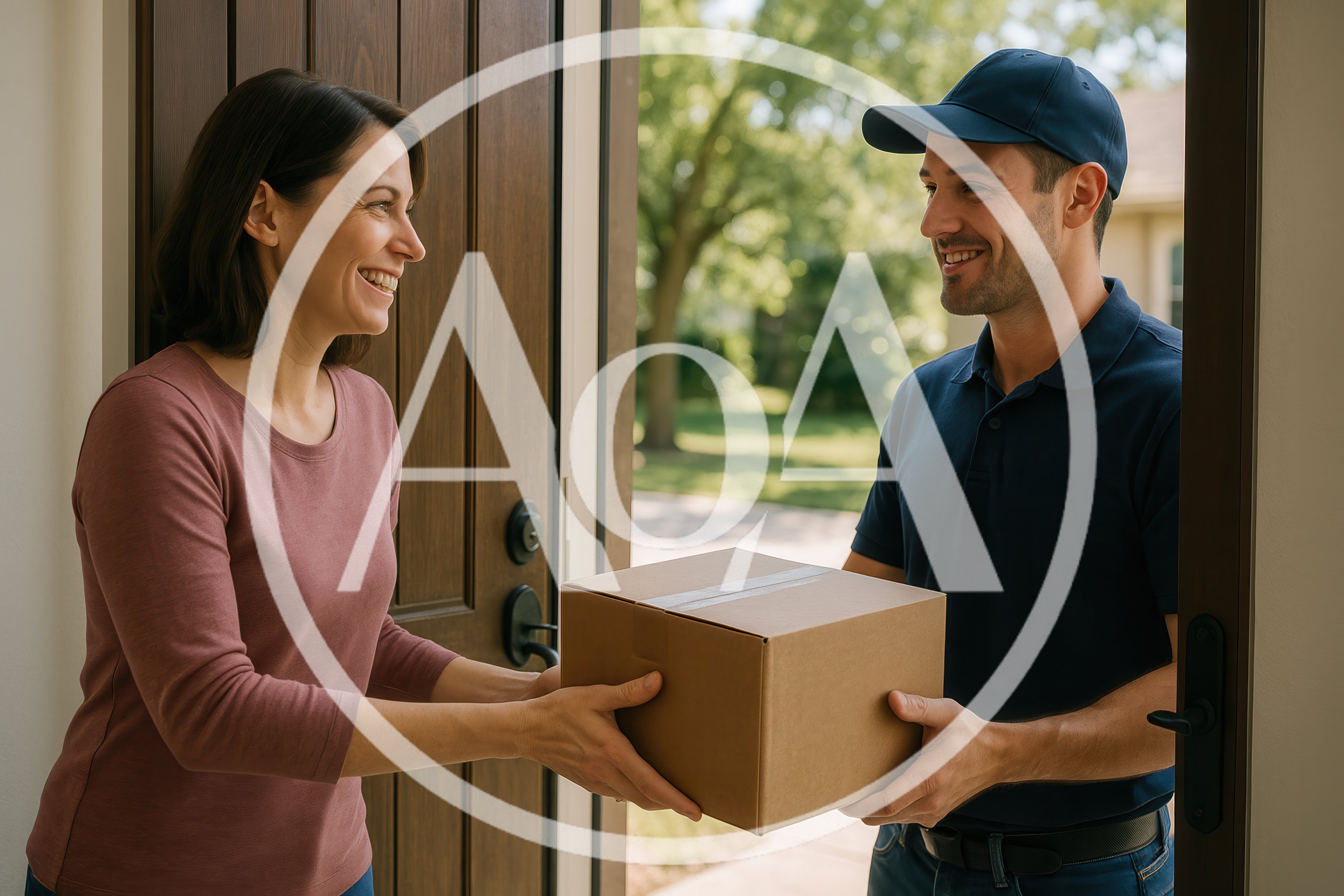 Delivery Driver Handing Package To A Smiling Woman
