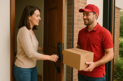Delivery Driver Handing Package To A Smiling Woman