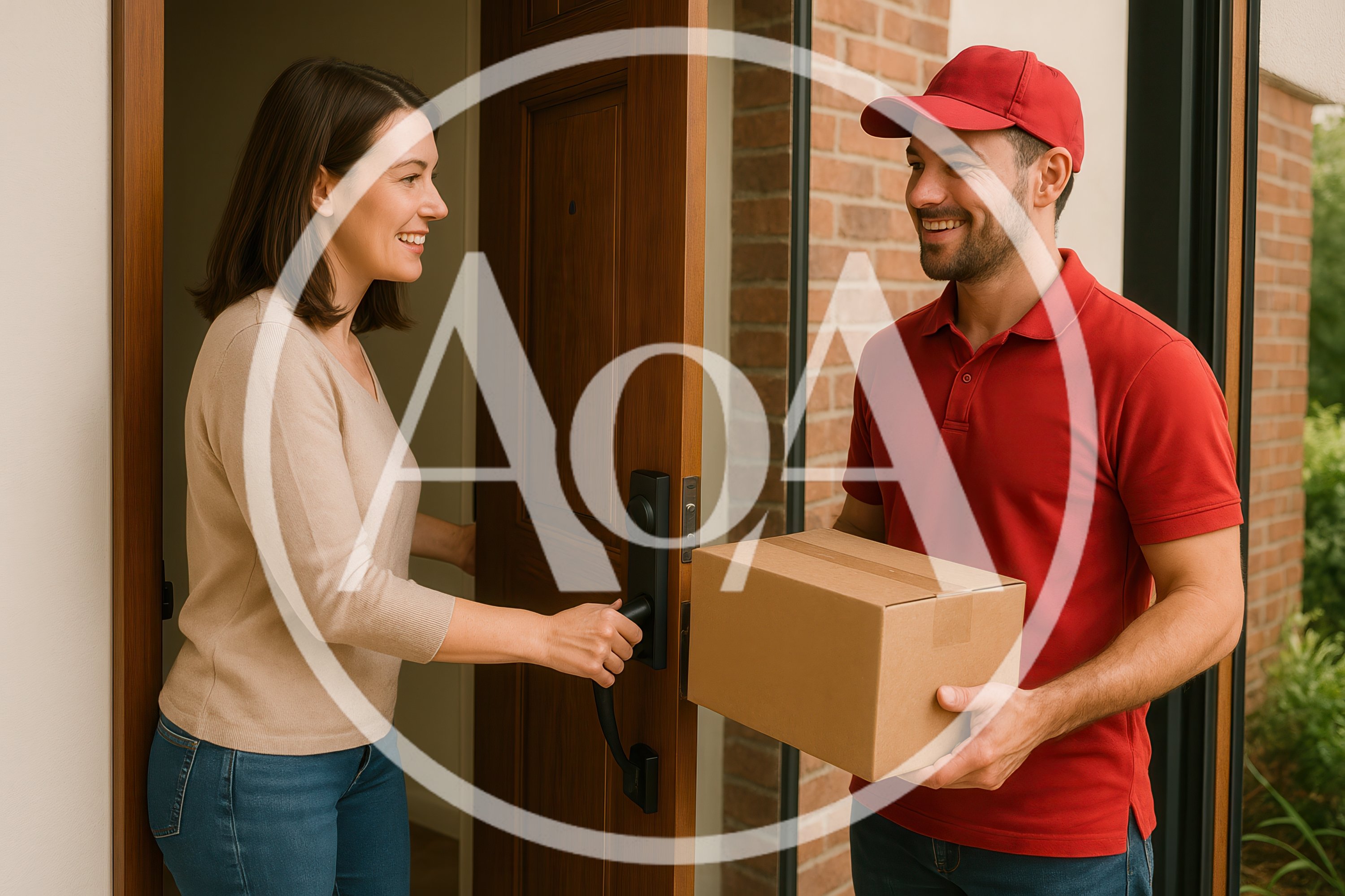 Delivery Driver Handing Package To A Smiling Woman