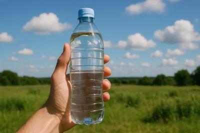 Hand Holding A Plastic Water Bottle In A Field