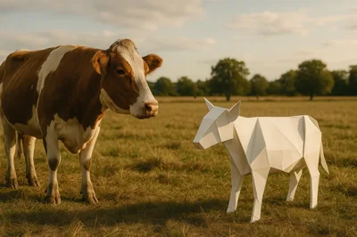 Real Cow Standing Beside A Geometric Paper Cow