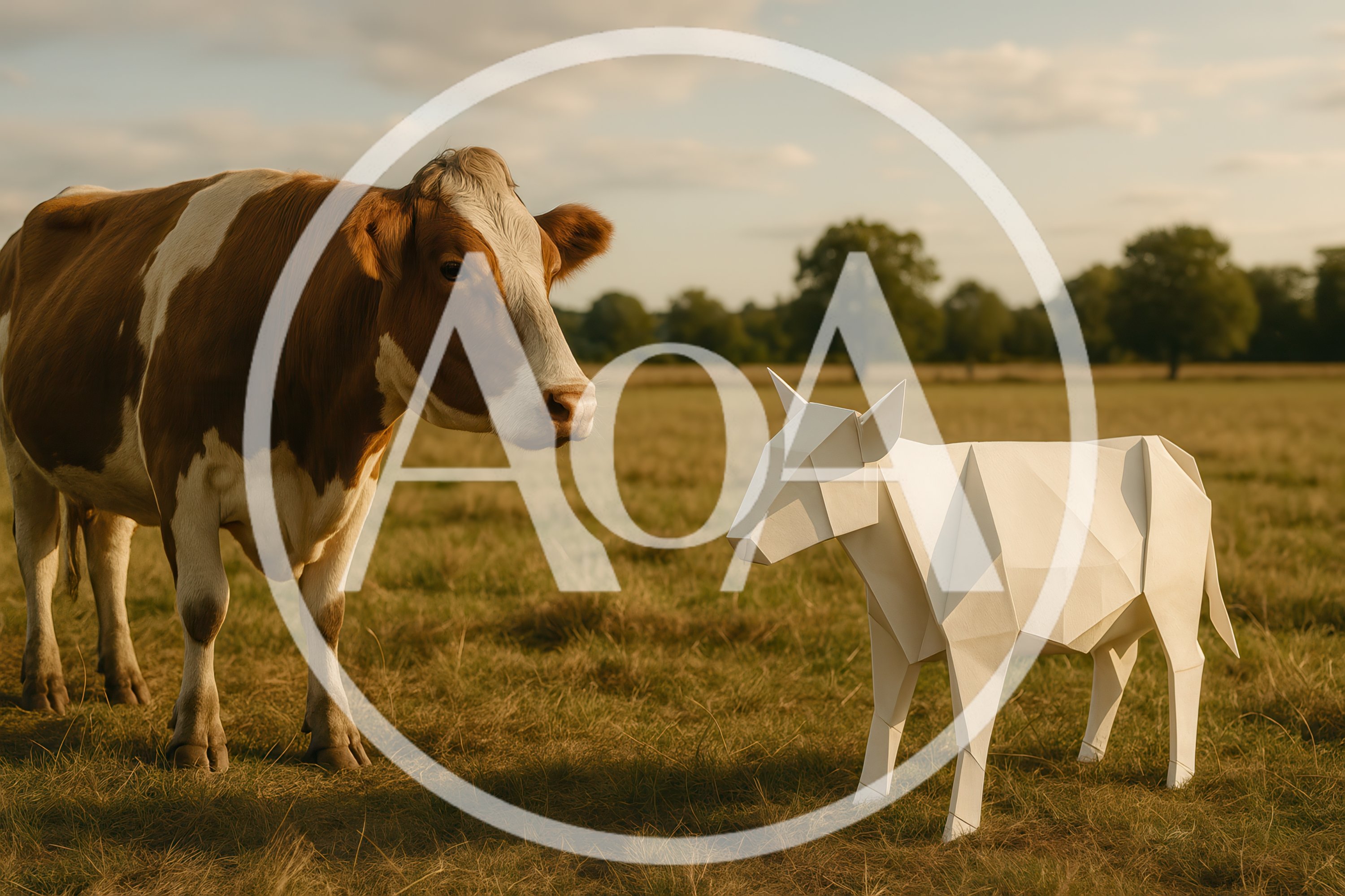 Real Cow Standing Beside A Geometric Paper Cow