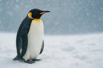 Emperor Penguin Standing Alone In Snowy Antarctic Landscape