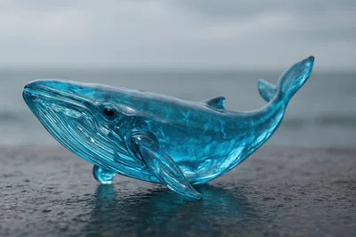 Blue Glass Whale Figurine On Wet Surface