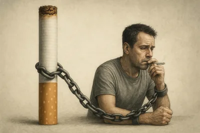 Man Chained To A Giant Cigarette Symbolizing Addiction