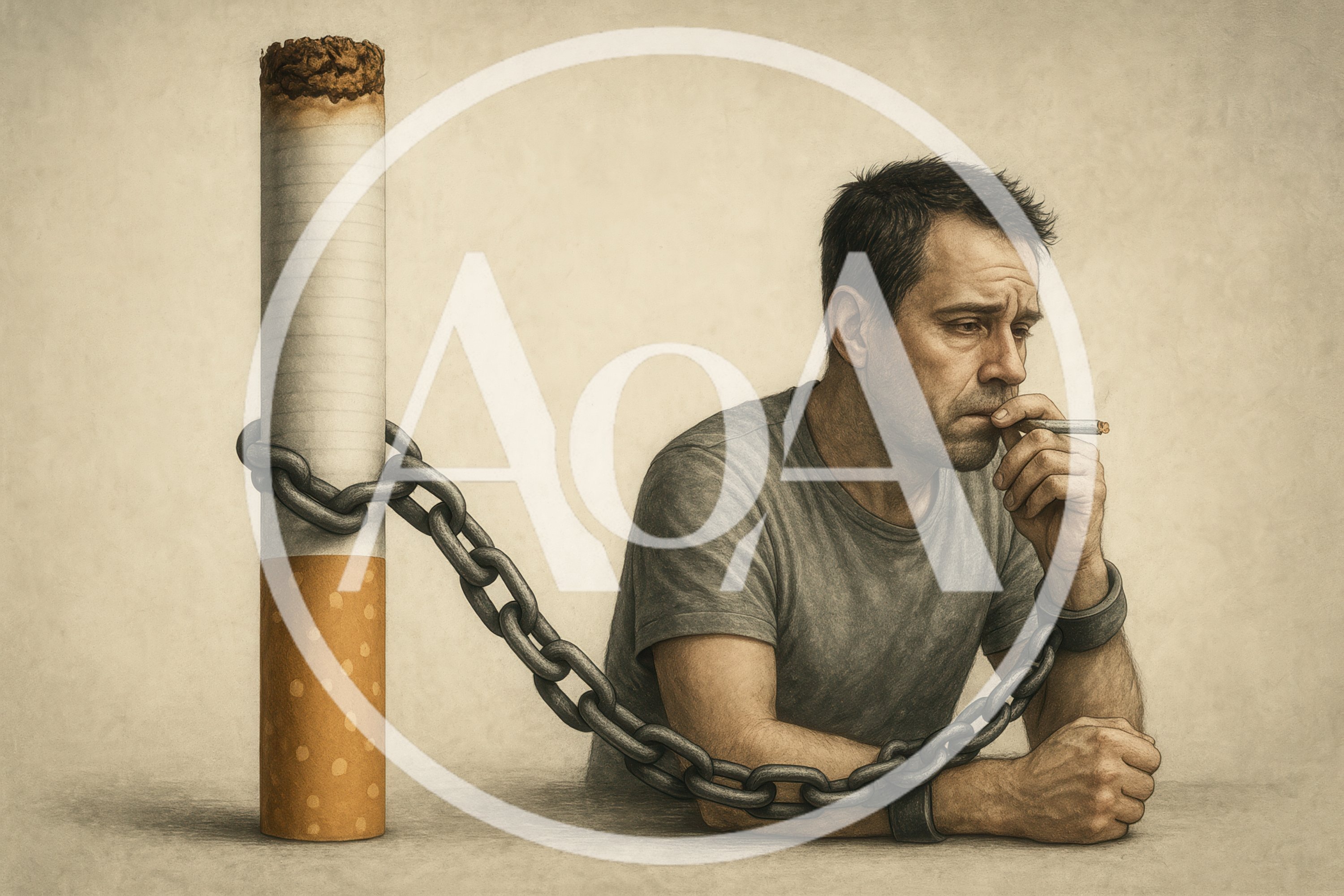 Man Chained To A Giant Cigarette Symbolizing Addiction