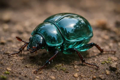 Translucent Teal Glass Beetle On Textured Earth