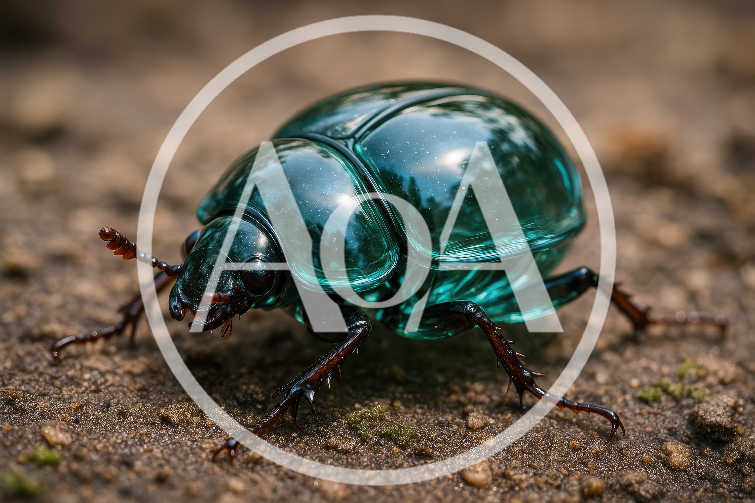 Translucent Teal Glass Beetle On Textured Earth