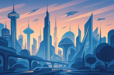Futuristic Cityscape With Flying Vehicles At Sunset