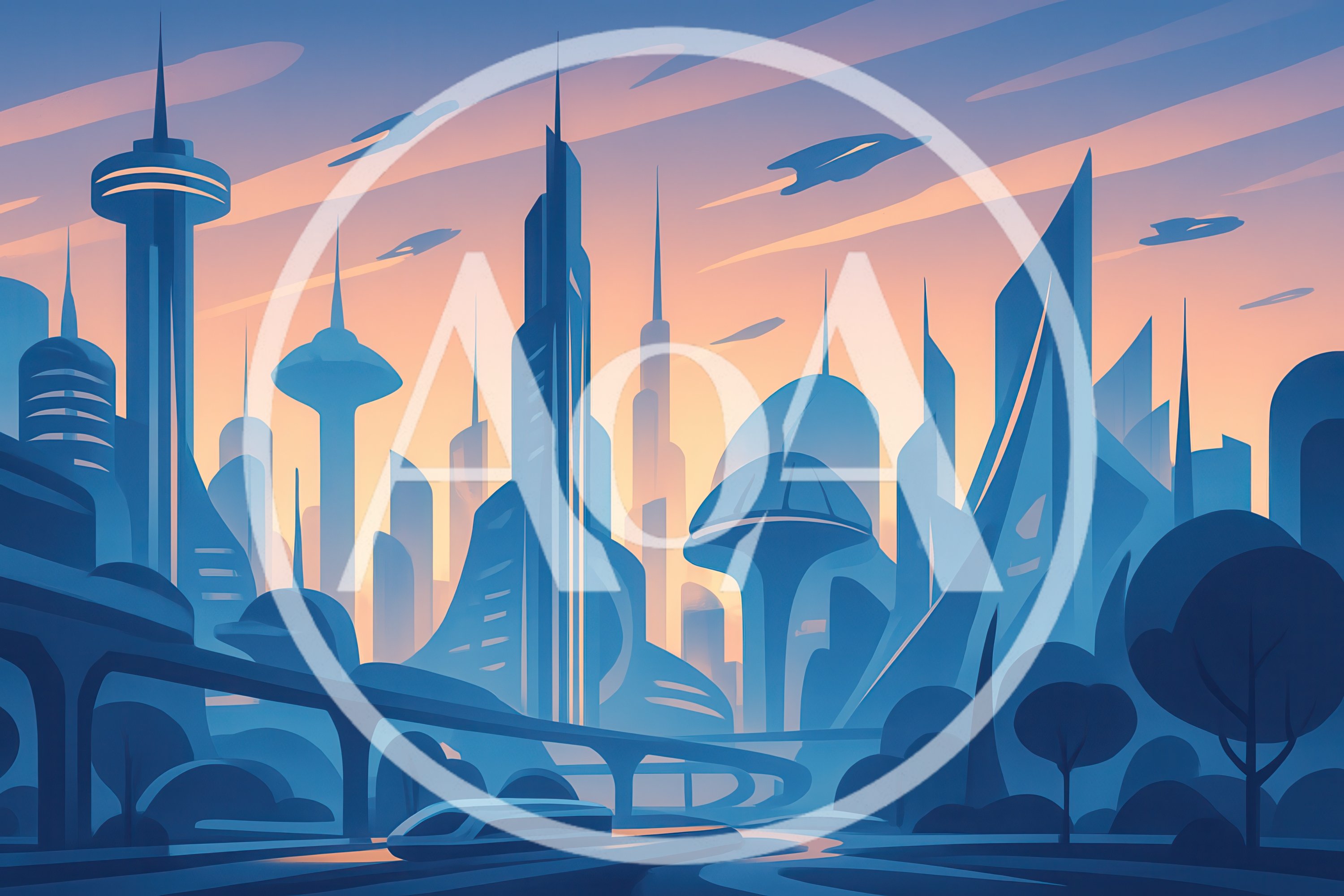 Futuristic Cityscape With Flying Vehicles At Sunset