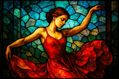 Stained Glass Art Of A Woman Dancing In Red