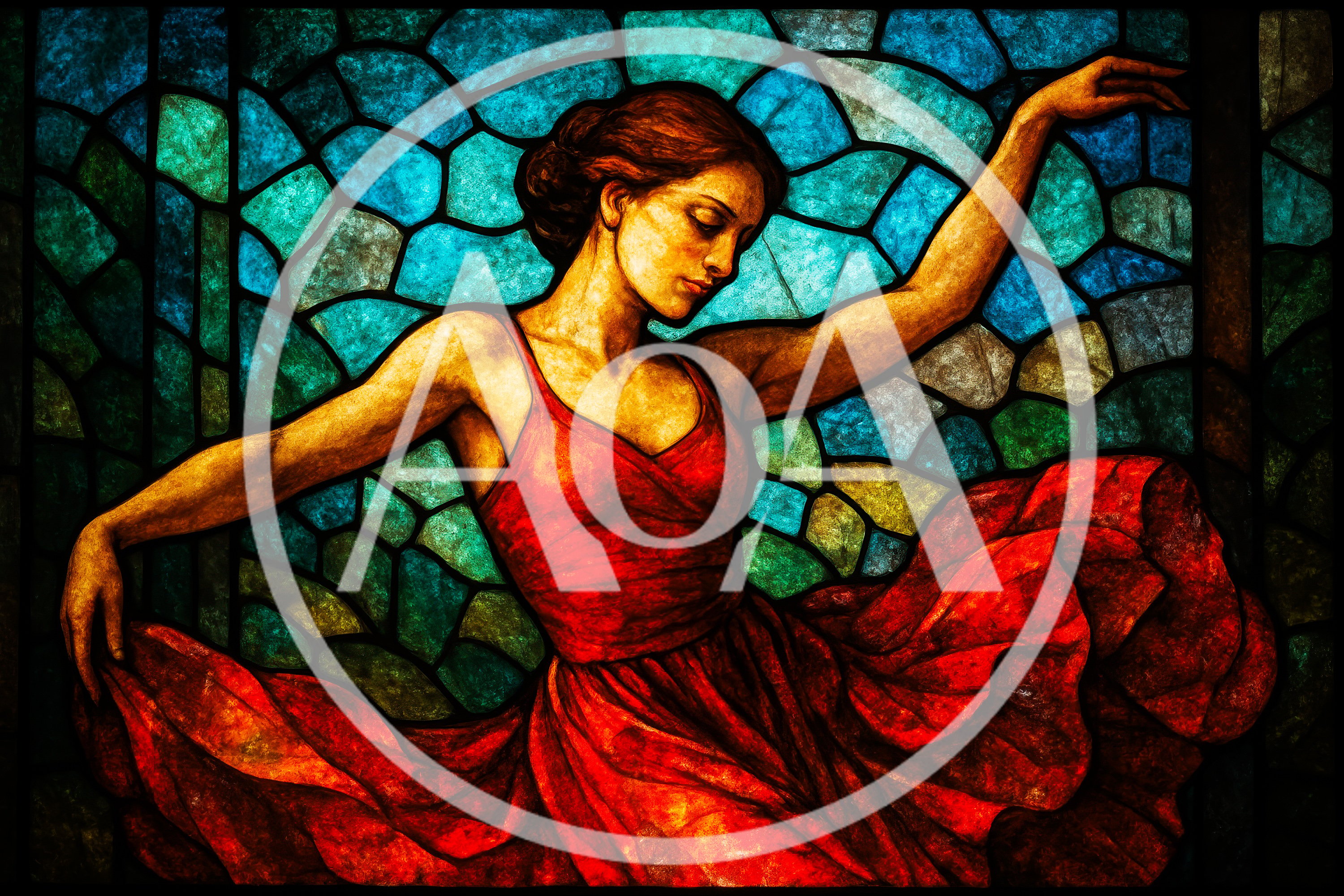 Stained Glass Art Of A Woman Dancing In Red