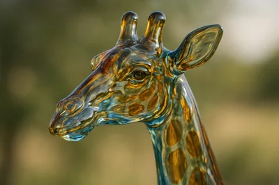 Glass Giraffe Sculpture With Amber And Blue Tones