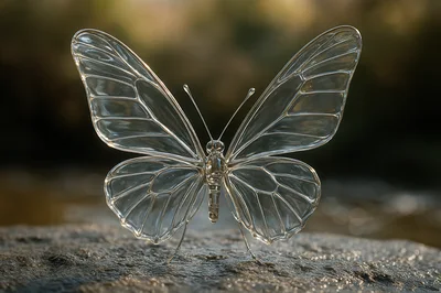 Glass Butterfly Sculpture Resting On A Textured Stone Surface