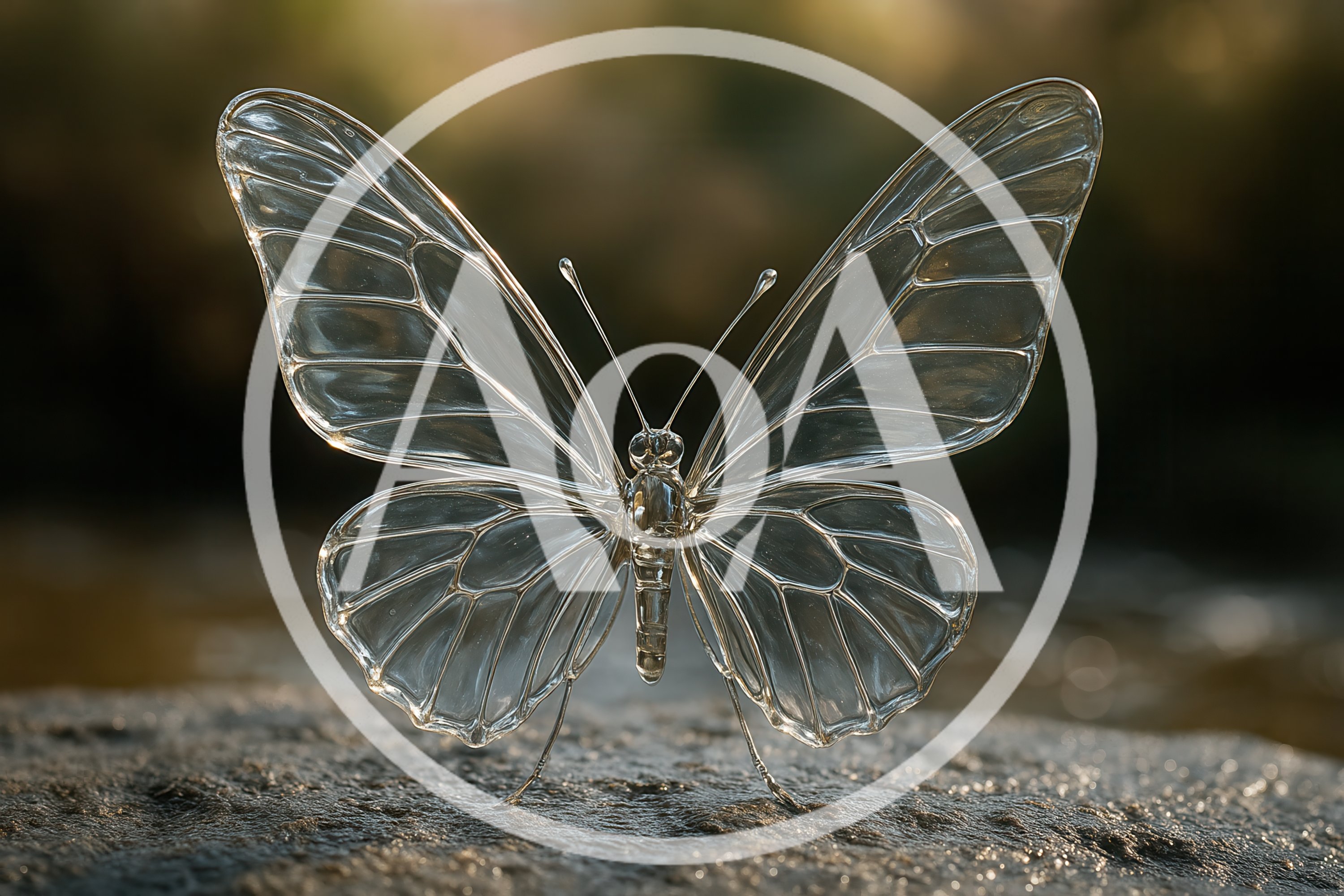 Glass Butterfly Sculpture Resting On A Textured Stone Surface