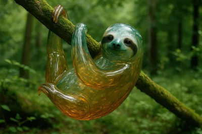 Glass Sloth Hanging From A Mossy Tree Branch