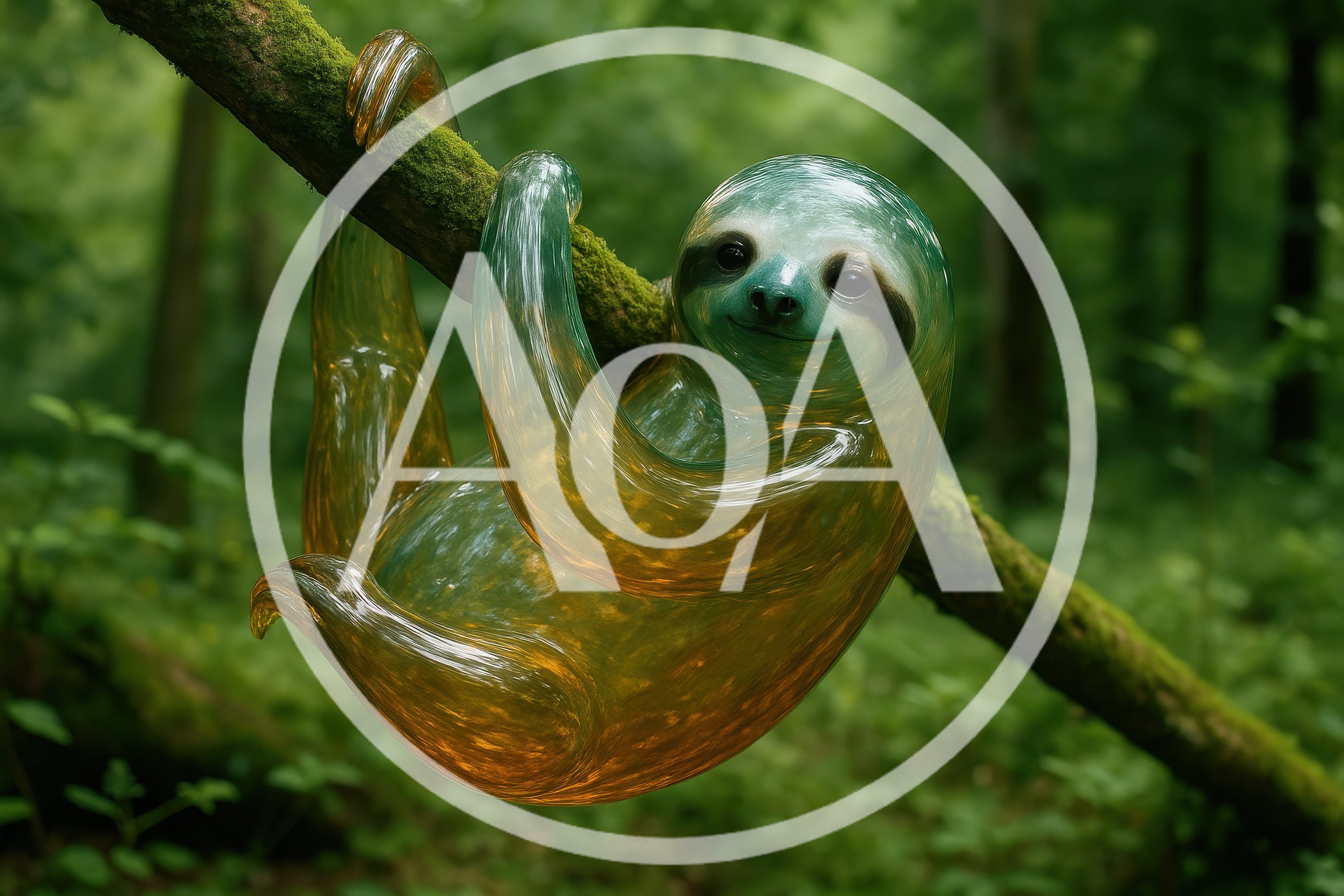Glass Sloth Hanging From A Mossy Tree Branch