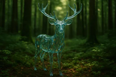 Transparent Glass Deer Standing In A Lush Forest