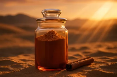 Glass Jar Of Cinnamon Powder On Desert Sand