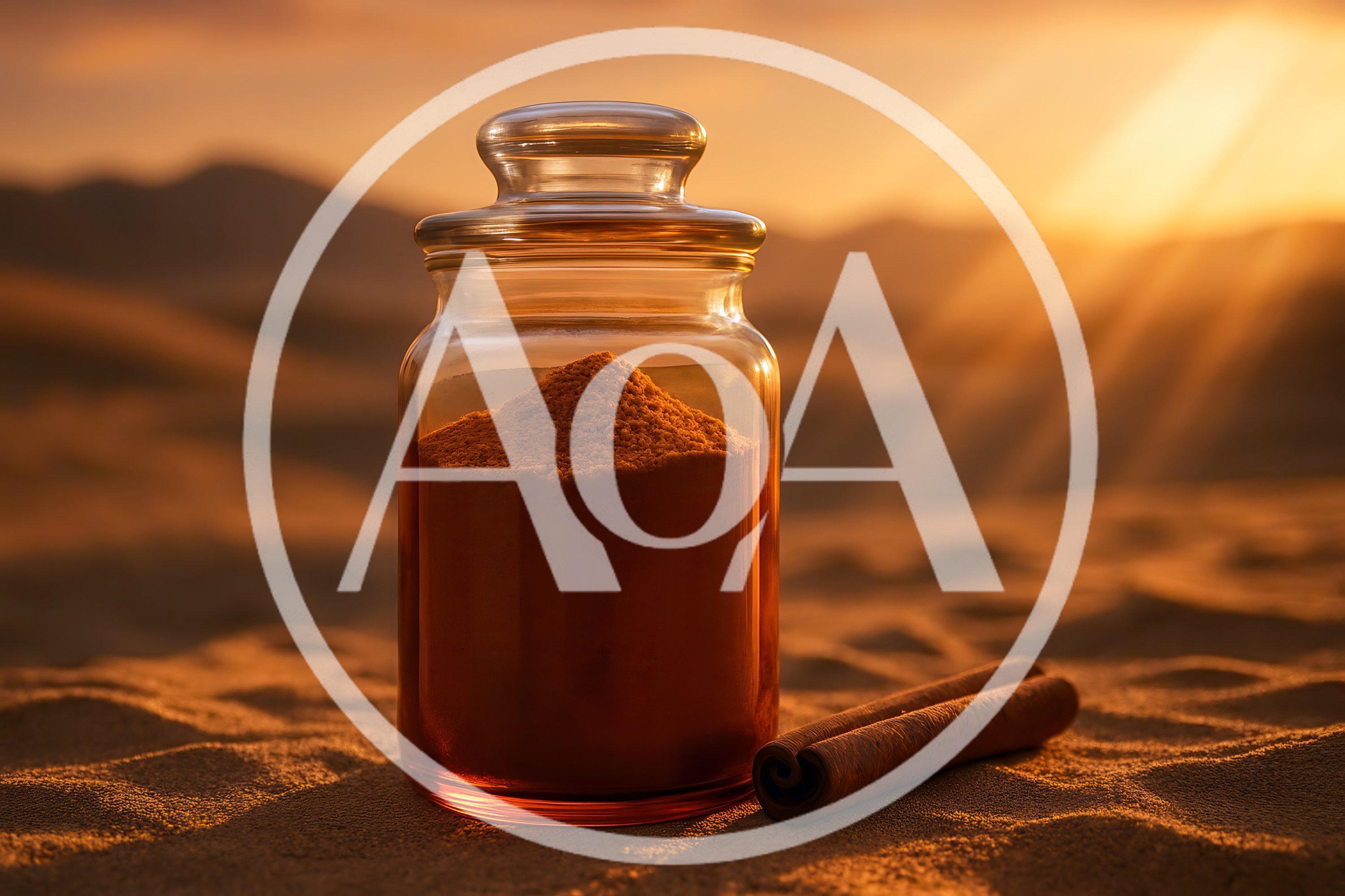 Glass Jar Of Cinnamon Powder On Desert Sand