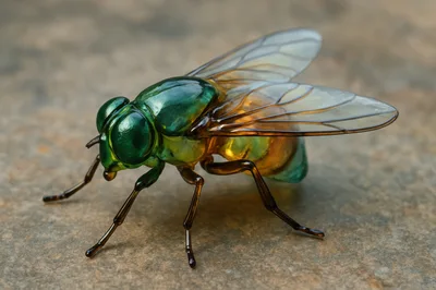 Glass Sculpture Of A Housefly On Stone Surface