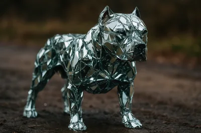 Mirrored Geometric Pitbull Sculpture Standing Outdoors