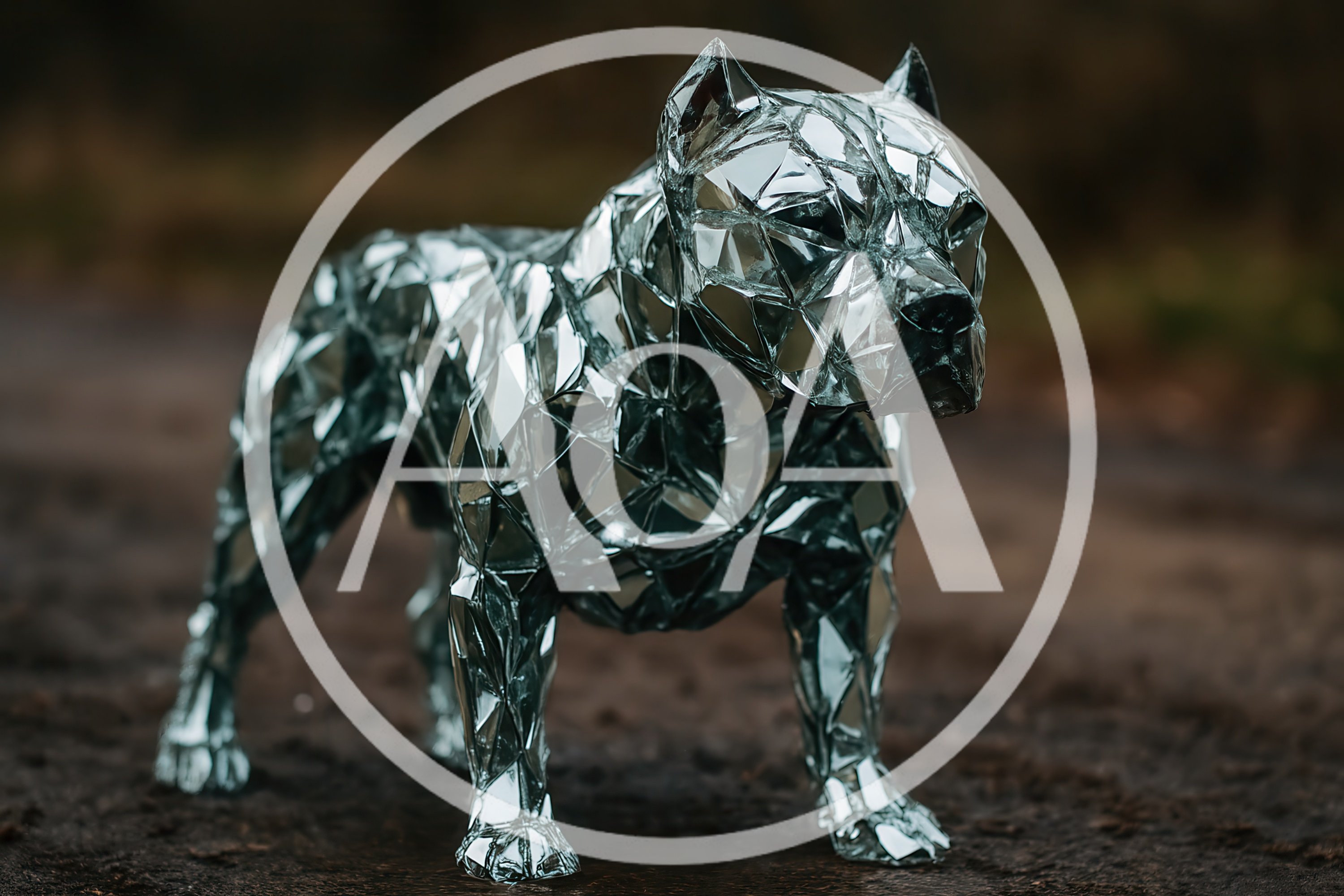 Mirrored Geometric Pitbull Sculpture Standing Outdoors