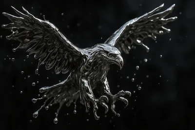 Liquid Metal Eagle Flying In Dark Space