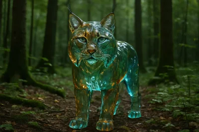 Translucent Glass Lynx Standing In A Lush Forest