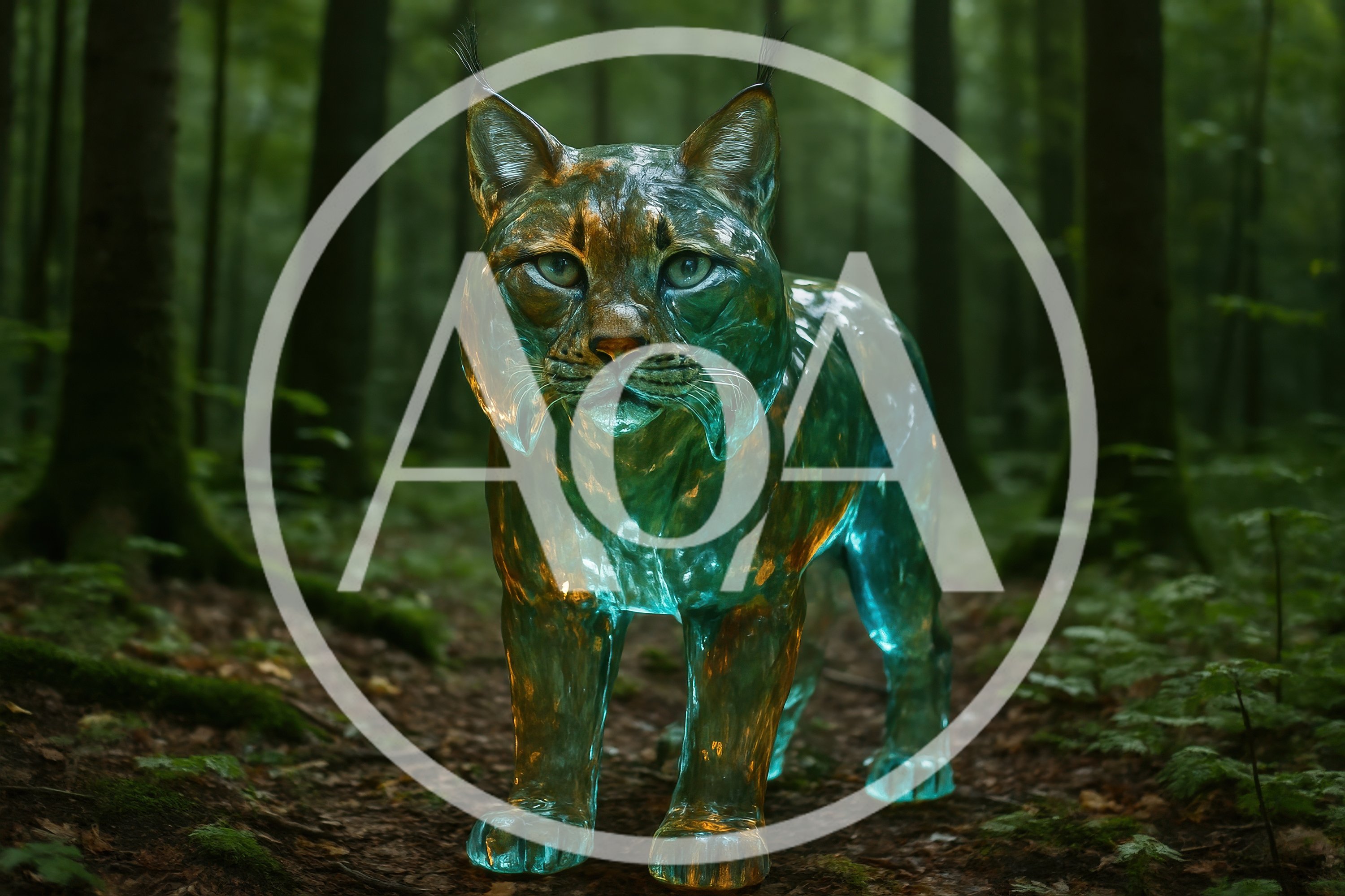 Translucent Glass Lynx Standing In A Lush Forest